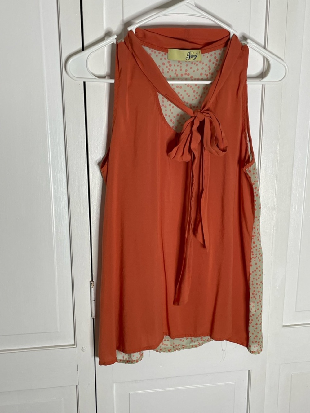 Joy Sleeveless Tie-Neck Shell Top in Burnt Orange with chiffon back